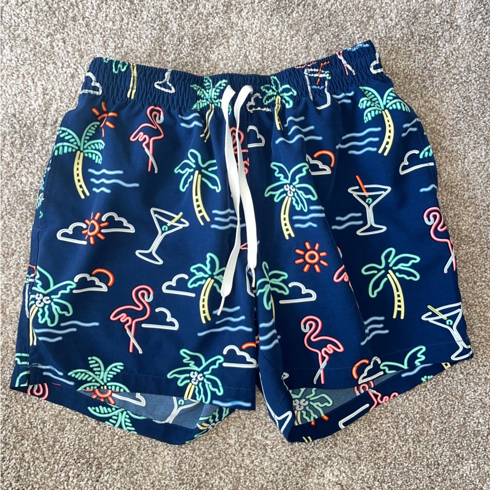 Navy Blue Tropical Print Swim Shorts